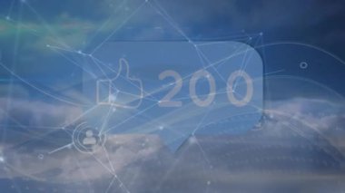 Bulutların üzerinde bağlantılar ve sosyal medya simgeleri. Ağ, bağlantılar ve teknoloji konsepti dijital olarak oluşturulmuş video.