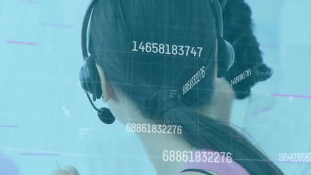 Animación Gráficos Números Sobre Feliz Asiática Consultora Negocios Call Center — Vídeos de Stock