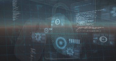 Mavi arka planda veri işleme ve güvenlik kilidi görüntüsü. Küresel bağlantılar, veri işleme ve dijital arayüz konsepti dijital olarak oluşturulmuş resim.