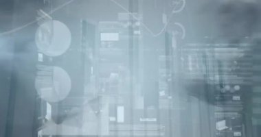 Animation of financial data and graphs over walking people. Finance, economy and business concept digitally generated video.