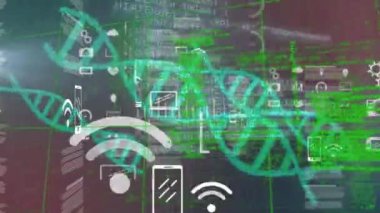 Siyah arka planda çeşitli veri işleme ve DNA 'ların animasyonu. Bilim, insan biyolojisi, veri işleme ve teknoloji konsepti dijital olarak oluşturulmuş video.