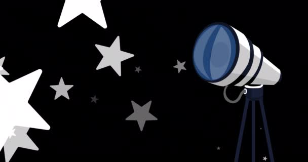 Düşen Çok Sayıda Beyaz Yıldızın Animasyonu Siyah Arkaplanda Teleskop Küresel — Stok video