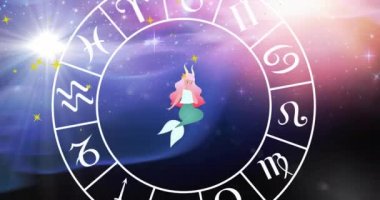 Yıldız falı sembollerinin mavi arkaplandaki yıldızların üzerinde canlandırılması. yıldız ve dijital arayüz konsepti dijital olarak oluşturulmuş video.