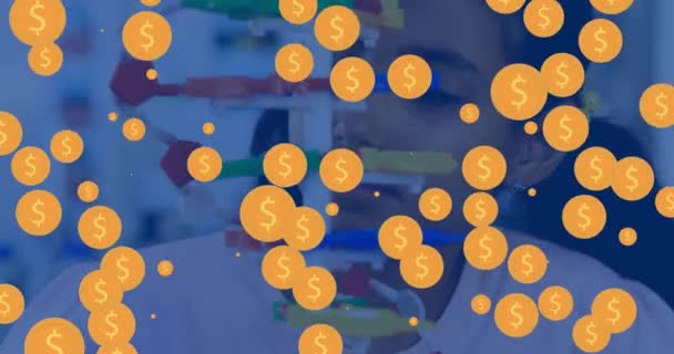 Animation Dollar Icons Blinking Biracial Girl Dna Model Finance Economy — 图库视频影像