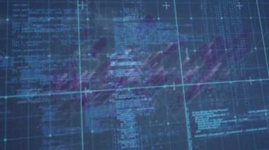 Karanlık arka planda veri işleme ve bağlantı ağının animasyonu. Dijital olarak oluşturulmuş küresel bağlantılar, veri işleme ve dijital arayüz kavramı.