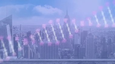 Şehrin üzerinde dönen DNA 'nın animasyonu. küresel bilim, veri işleme ve teknoloji konsepti dijital olarak oluşturulmuş video.