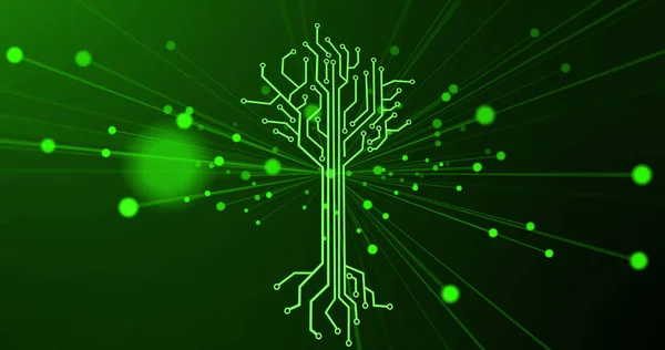 Image of integrated circuit and digital tree on green background. Computers, connections, hardware and technology concept digitally generated image.