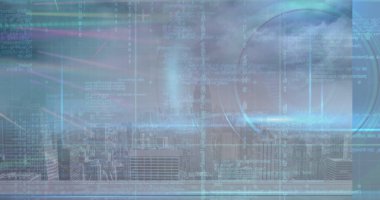 Şehir manzarası üzerinde finansal veri işleme resmi. Küresel iş, finans, veri işleme ve dijital arayüz kavramı dijital olarak oluşturuldu.