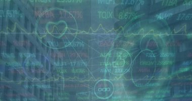 Borsa görüntüsü ve şehir merkezindeki bağlantılar. Küresel finansman, bilgisayar ve dijital arayüz kavramı dijital olarak oluşturulmuş görüntü.