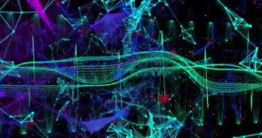 Mavi şekillerin animasyonu ve siyah arkaplan üzerinde yeşil noktalar ve ağlar. İletişim teknolojisi, soyut dijital arayüz arka plan kavramı dijital olarak oluşturulmuş video.