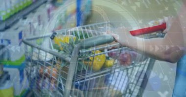 Finansal veri işleme sepetinin animasyonu. Küresel alışveriş, veri işleme ve dijital arayüz kavramı dijital olarak oluşturulmuş video.