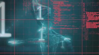 Veri işleme ve üç boyutlu DNA iplikçikleri üzerinde ikili kodlama animasyonu. küresel bilim, hesaplama, veri işleme ve dijital arayüz kavramı dijital olarak oluşturulmuş video.