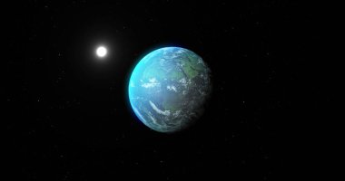 Mavi gezegen ve siyah uzayda güneşin görüntüsü. Astronomi, kozmos, evren ve uzay keşfi konsepti dijital olarak oluşturuldu.