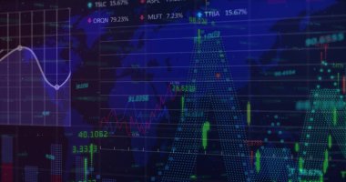 Siyah arka planda dünya haritasında finansal veri işleme resmi. Küresel finansman, bilgisayar ve dijital arayüz kavramı dijital olarak oluşturulmuş görüntü.