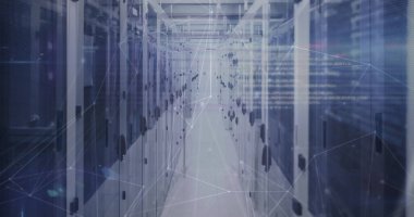 Sunucu odasındaki veri işleme ve bağlantı ağının resmi. Küresel teknoloji, bilgisayar ve dijital arayüz kavramı dijital olarak oluşturulmuş görüntü.