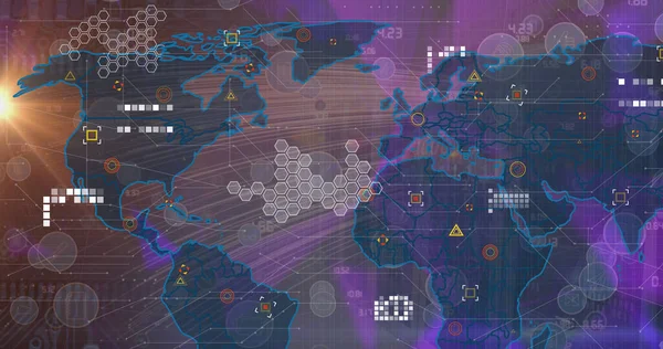 Image of world map with data processing over network of connections with icons. Global technology, computing and digital interface concept digitally generated image.