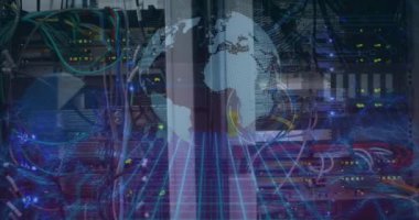 Animation of globe and data over servers. Network, connections, data processing and technology concept digitally generated video.