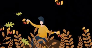 Uçan kelebeklerin ve kahverengi kürede oturan kadının üzerindeki yaprakların canlandırması. Doğa, Dünya gezegeni ve çevre konsepti dijital olarak oluşturulmuş video.