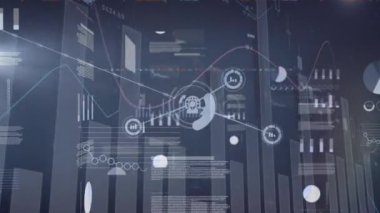 Animation of financial graphs and diverse data on navy background. Global network, connections, finance and technology concept digitally generated video.