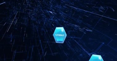 Eğitim animasyonu ve mavi arka plandaki ışık yollarının üzerindeki mavi altıgenler üzerine öğrenme metni. Küresel öğrenme, eğitim ve dijital arayüz kavramı dijital olarak oluşturulmuş video.