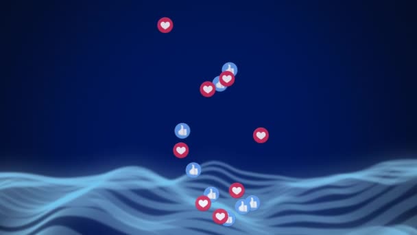 Анімація Соціальних Медіа Любить Іконки Над Синіми Хвилями Глобальні Соціальні — стокове відео