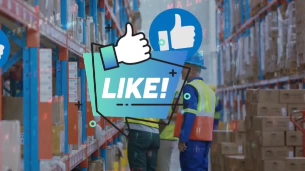 Animation Life Social Media Reactions Diverse Female Male Warehouse Workers — Stockvideo