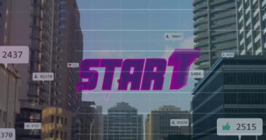 Şehir manzarası üzerinde veri işleme ile başlayan başlangıç ve sosyal medya simgelerinin canlandırılması. Dijital olarak oluşturulmuş küresel sosyal medya ve veri işleme kavramı.