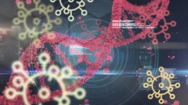 DNA ve bilimsel veriler üzerine covid hücrelerin animasyonu. küresel covid 19 salgını, bilim ve teknoloji konsepti dijital olarak oluşturulmuş video.