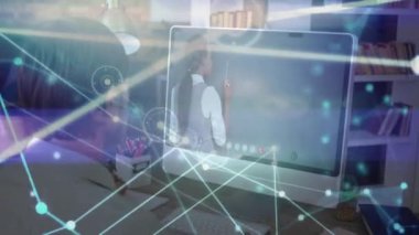 Animation of connections over caucasian man having video call on laptop. Network, connections, communication and technology concept digitally generated video.