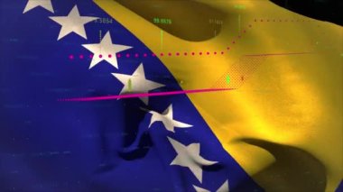 Bosna ve Herzegovina bayrağı üzerinde finansal veri işleme animasyonu. Küresel iş ve finans kavramı dijital olarak oluşturulmuş video.