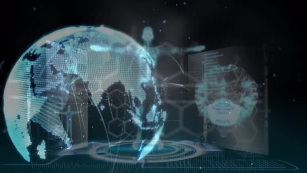 Animation Von Verbindungen Globus Und Verschiedenen Daten Auf Schwarzem Digitalen — Stockvideo