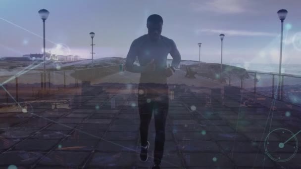Animation Network Connections African American Man Running Promenade Sport Fitness — Vídeo de Stock