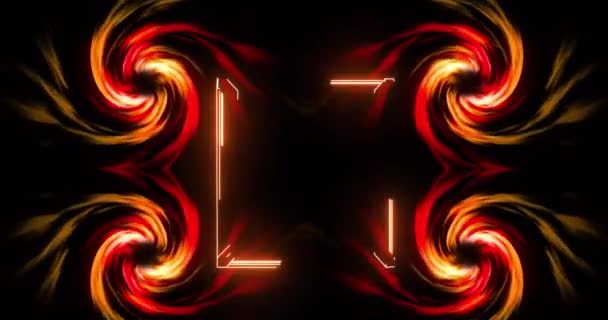Animation Glowing Orange Square Frame Four Rotating Spirals Black Background — 图库视频影像