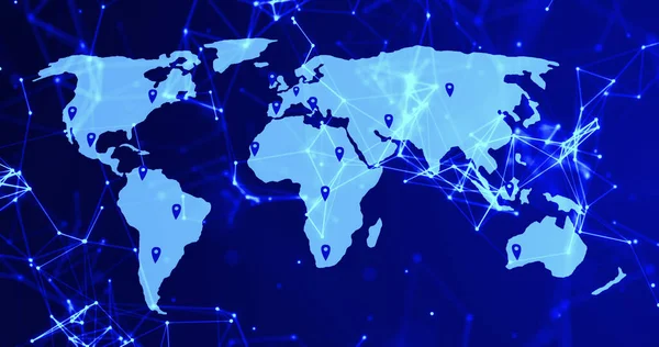 Image of world map with location marks and connections on blue background. Global network, connections, communication and technology concept digitally generated image.