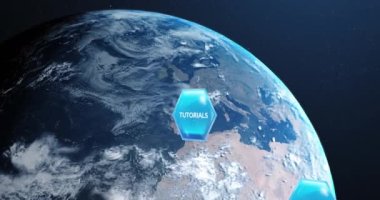 Eğitim animasyonu ve mavi arkaplanda mavi altıgenler üzerine öğrenme metni. Küresel öğrenme, eğitim ve dijital arayüz kavramı dijital olarak oluşturulmuş video.