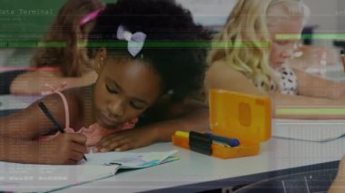 Animation of data processing over diverse group of students. Learning and maths education concept digitally generated video.