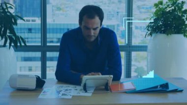 Animation of people icons over caucasian businessman using tablet. Global business and digital interface concept digitally generated video.