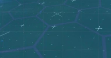 Mavi arkaplanla istatistiksel veri işleme üzerinden neon yuvarlak tarayıcıların dijital animasyonu. İş teknolojisi kavramı