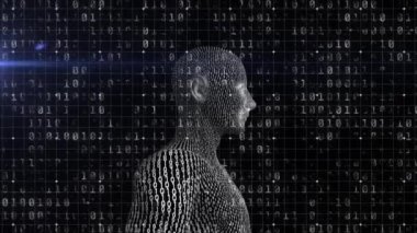 İkili kodlama ve insan vücudu üzerinde veri işleme animasyonu. Küresel bilim, araştırma, dijital arayüz ve dijital olarak oluşturulmuş veri işleme kavramı.