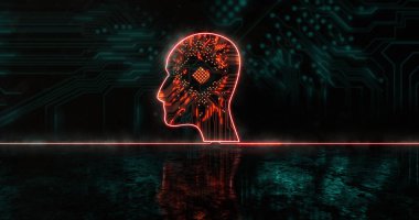 Mavi işlemci soketinin üzerinde parlayan turuncu insan kafası. Küresel bilim, bağlantılar, veri işleme ve dijital arayüz kavramı dijital olarak oluşturuldu.