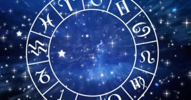 Animation of horoscope symbols over stars on blue background. Horoscope and digital interface concept digitally generated video.