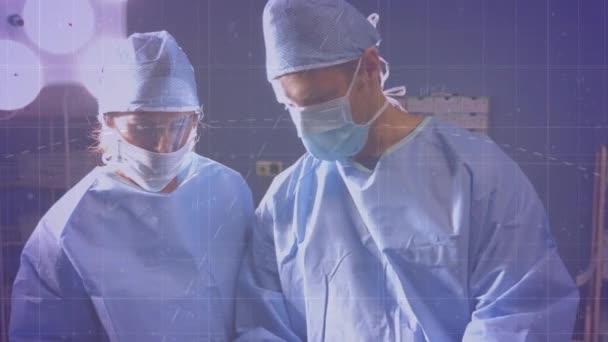 Animazione Dati Scientifici Chirurghi Maschi Femmine Caucasici Salute Professione Medica — Video Stock