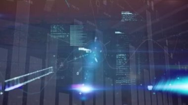 Koyu arkaplandaki bağlantılar üzerine çeşitli veri ve grafiklerin animasyonu. Veri işleme, finans ve teknoloji konsepti dijital olarak oluşturulmuş video.