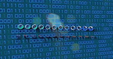 Mavi arkaplanda veri işleme resmi. Küresel bağlantılar, teknoloji ve dijital arayüz konsepti dijital olarak oluşturuldu.