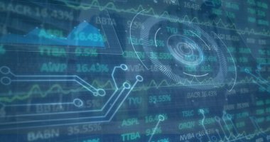 Borsa görüntüsü ve şehir manzarası taraması. Küresel finansman, bilgisayar ve dijital arayüz kavramı dijital olarak oluşturulmuş görüntü.