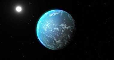 Mavi gezegen ve siyah uzayda güneşin görüntüsü. Astronomi, kozmos, evren ve uzay keşfi konsepti dijital olarak oluşturuldu.