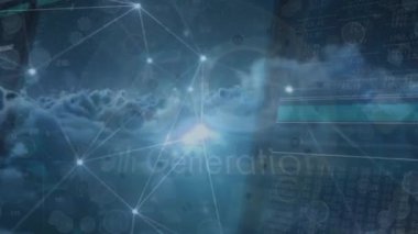 Bağlantıların animasyonu ve bulutların üstündeki beşinci nesil. Ağ, bağlantılar ve teknoloji konsepti dijital olarak oluşturulmuş video.
