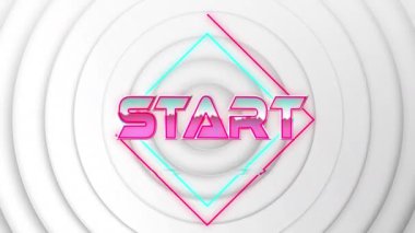 Beyaz arkaplandaki geometrik şekillerin başlangıç metninin canlandırması. Video oyunu, eğlence ve dijital arayüz kavramı dijital olarak oluşturuldu.