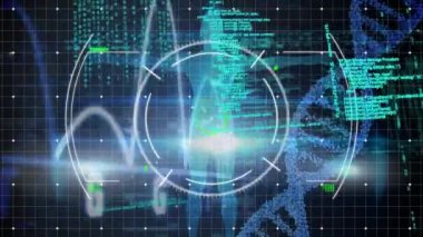 Değişik veri işleme, insan modeli ve siyah arka planda DNA animasyonu. Bilim, insan biyolojisi, veri işleme ve teknoloji konsepti dijital olarak oluşturulmuş video.