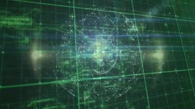 Karanlık arka planda veri işleme ve bağlantı ağının animasyonu. Dijital olarak oluşturulmuş küresel bağlantılar, veri işleme ve dijital arayüz kavramı.